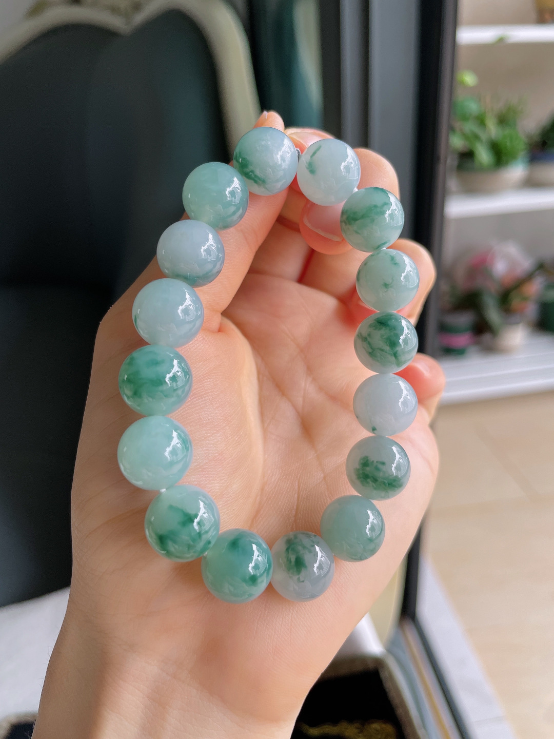 ️，缅甸天然翡翠A货，冰飘花手链，尺寸：12.5mm。【编3866】