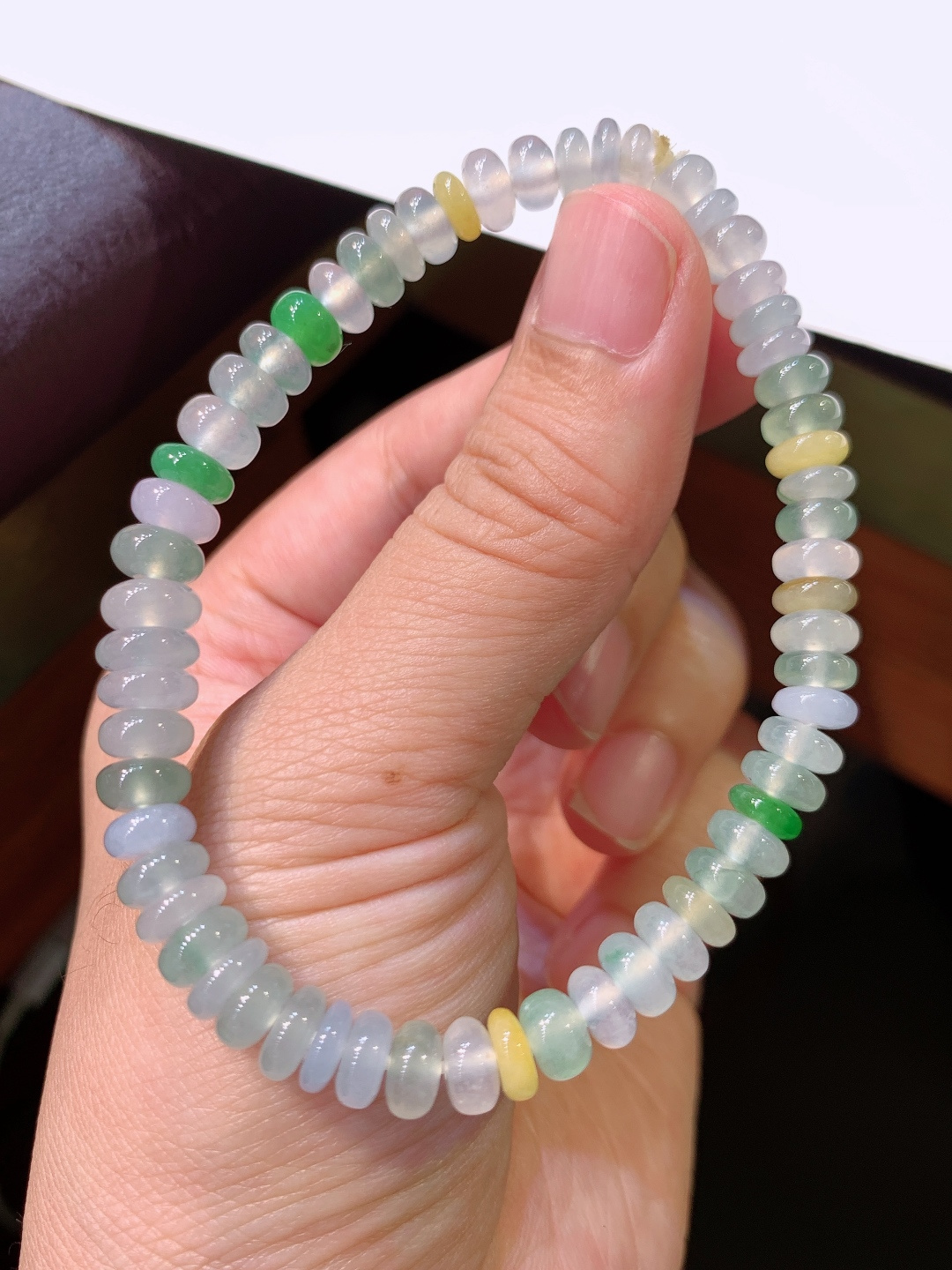 ️ 冰种三彩算盘珠珠手链，冰润通透，色彩清新，上手雅致 卡6.3 130809