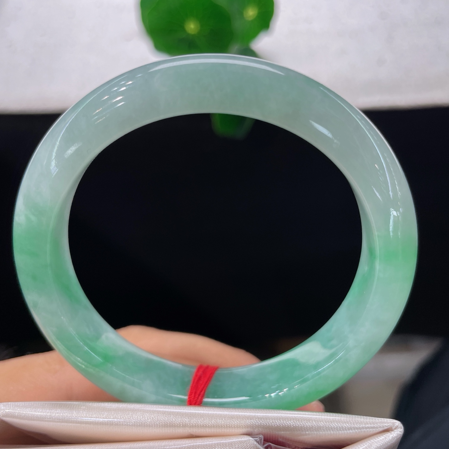 翡翠手镯 圈口57.8/12/8.8，果绿正圈，57/58可戴，仿若翠霭漫溪，冰底漾开片片鲜翠。无裂。