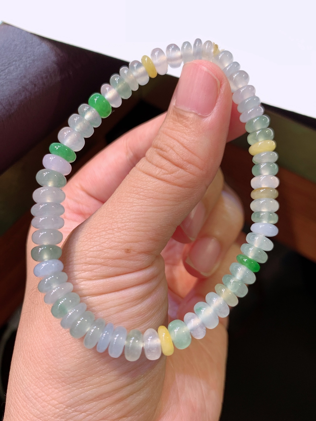 ️ 冰种三彩算盘珠珠手链，冰润通透，色彩清新，上手雅致 卡6.3 130809
