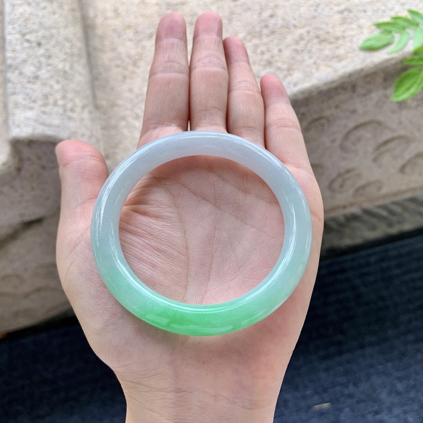 圆条51 52，圈口52.3/8.4/8.5，编码BA081508，细糯飘阳绿，水润，种老，细腻，无裂。