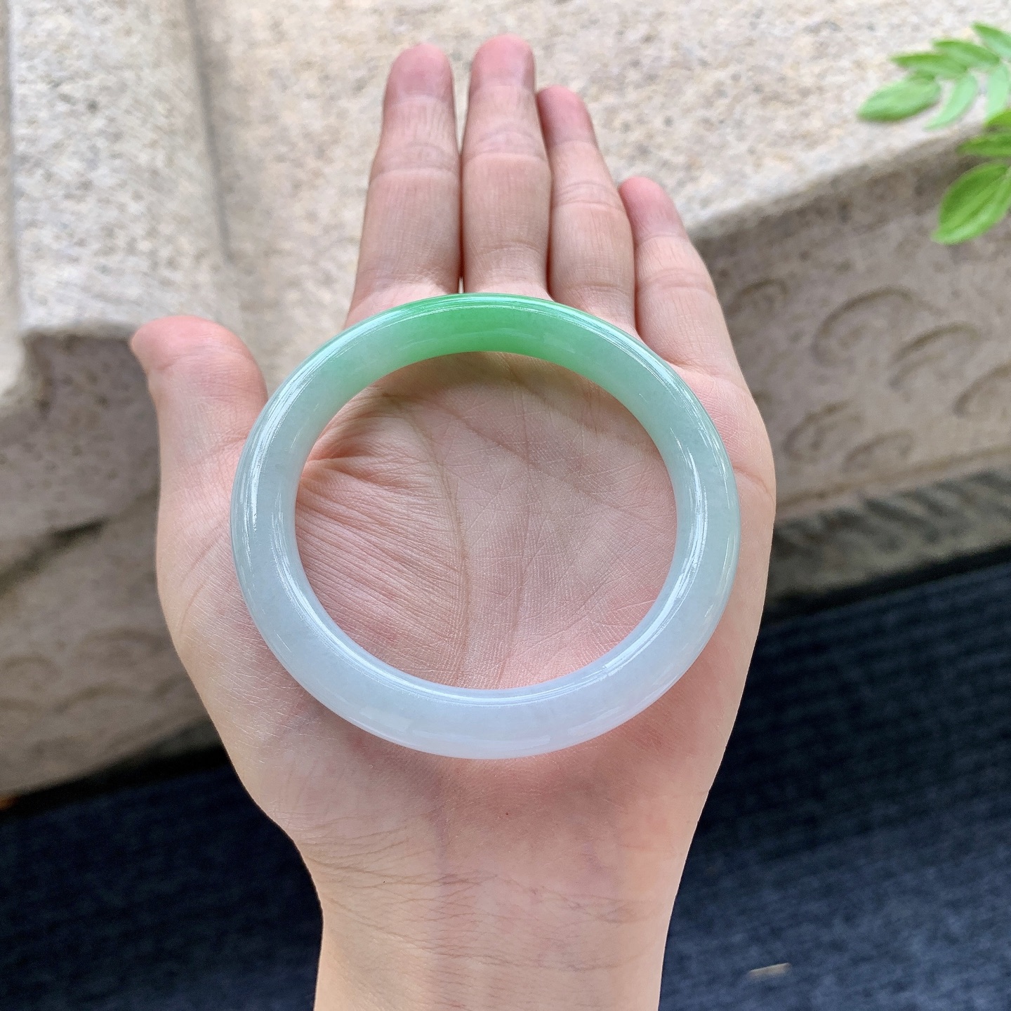 圆条51 52，圈口52.3/8.4/8.5，编码BA081508，细糯飘阳绿，水润，种老，细腻，无裂。