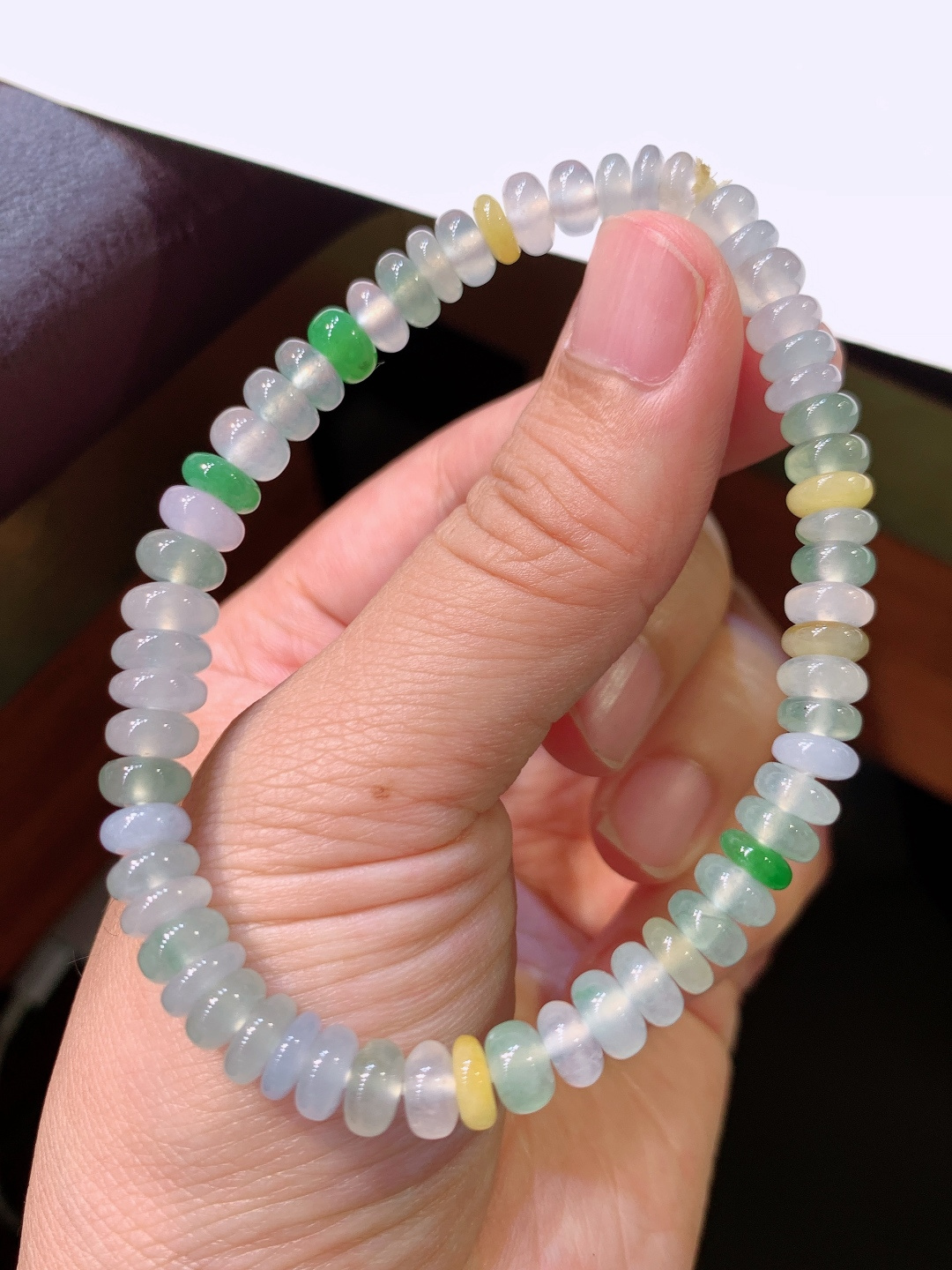 ️ 冰种三彩算盘珠珠手链，冰润通透，色彩清新，上手雅致 卡6.3 130809