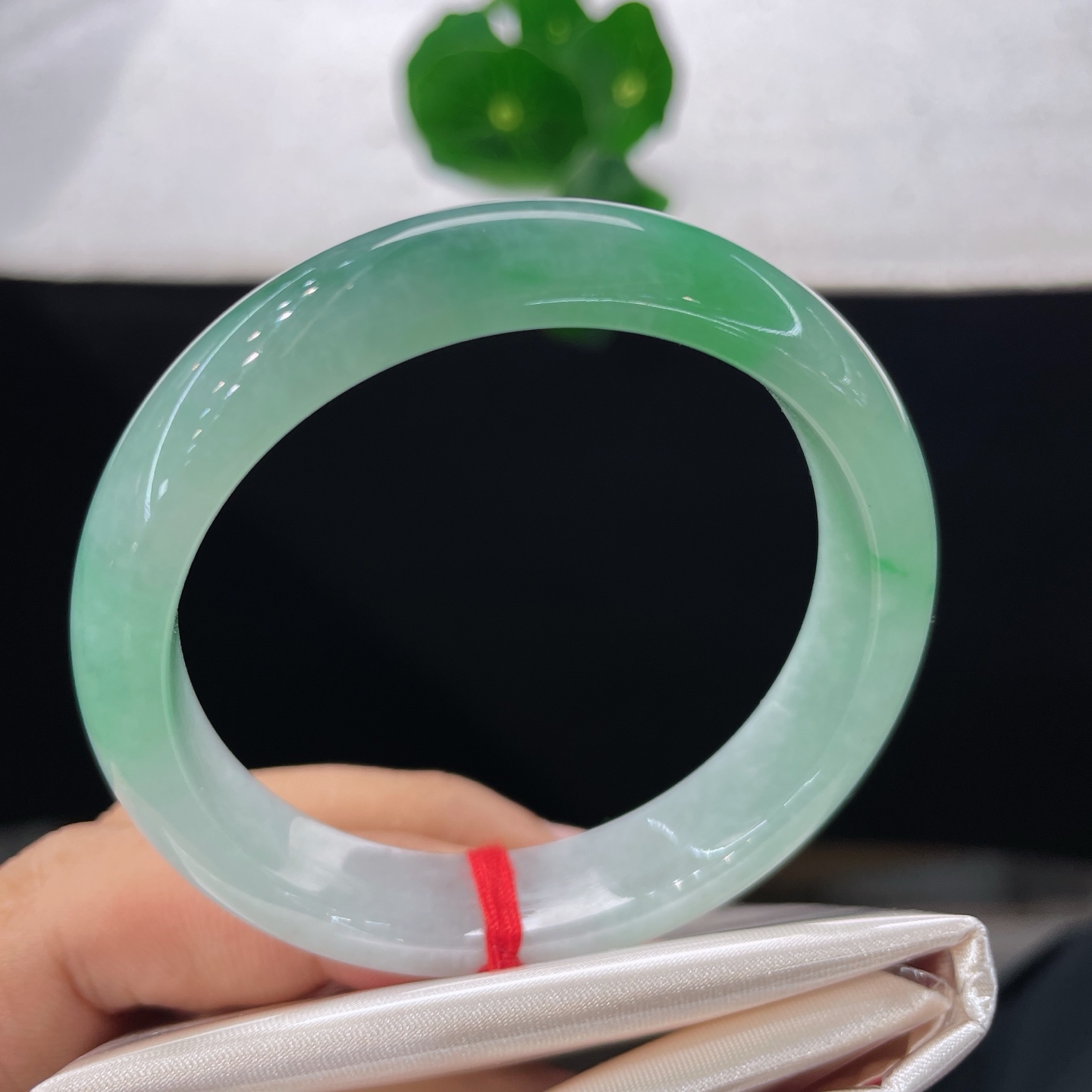 翡翠手镯 圈口53.7/12/7.2，晴底飘绿正圈，53/54可戴，仿若晴川染翠，翠色鲜活灵动。无裂。