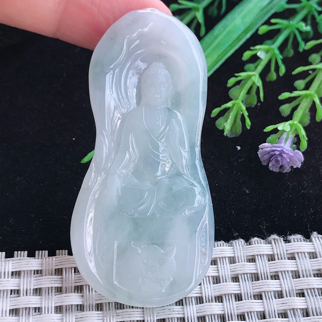 实拍A货翡翠61/30/4.6老坑冰润起胶白净阿弥陀佛吊坠翡翠玉挂件