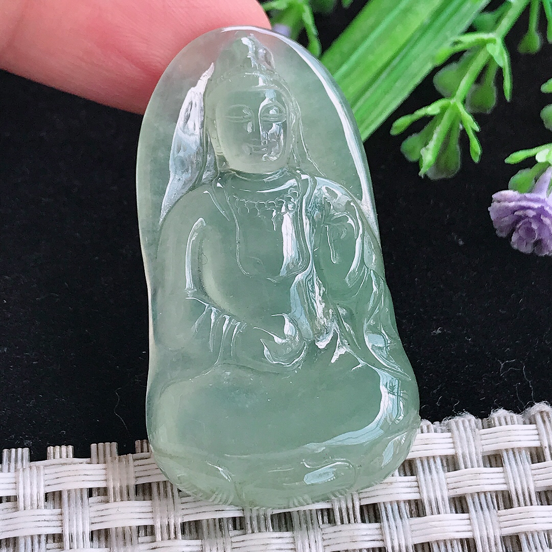 实拍A货翡翠45.5/25.6/6老坑冰透冰晴满绿观音吊坠翡翠玉挂件