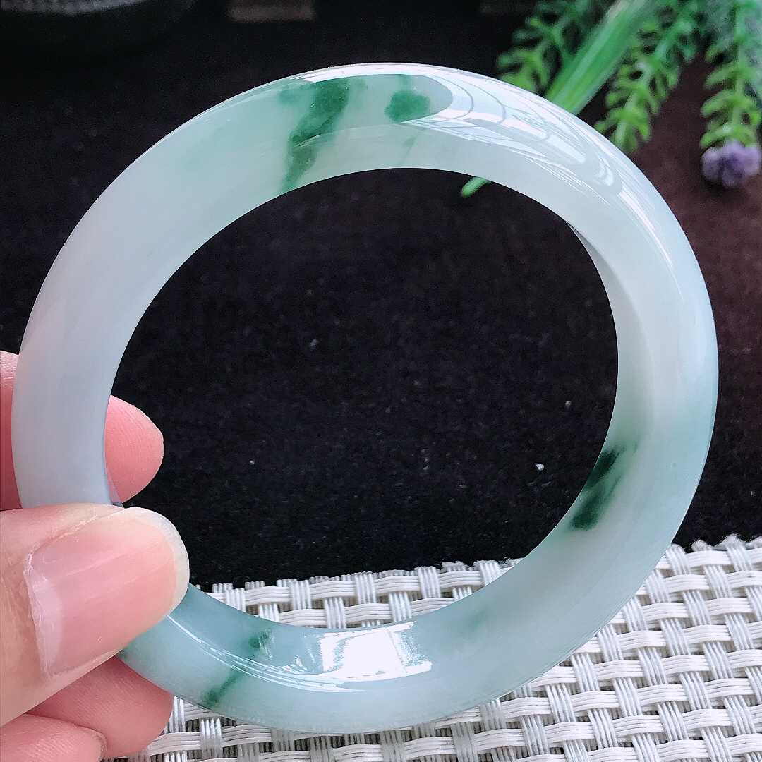 实拍A货翡翠59/13.1/9.2老坑冰润起胶飘花手镯宽边玉镯平安镯女款