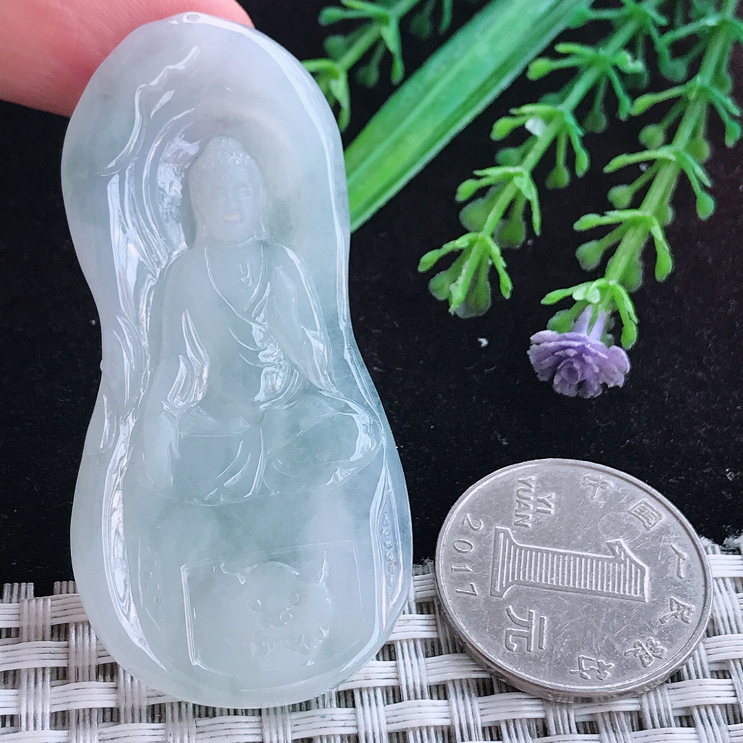 实拍A货翡翠61/30/4.6老坑冰润起胶白净阿弥陀佛吊坠翡翠玉挂件