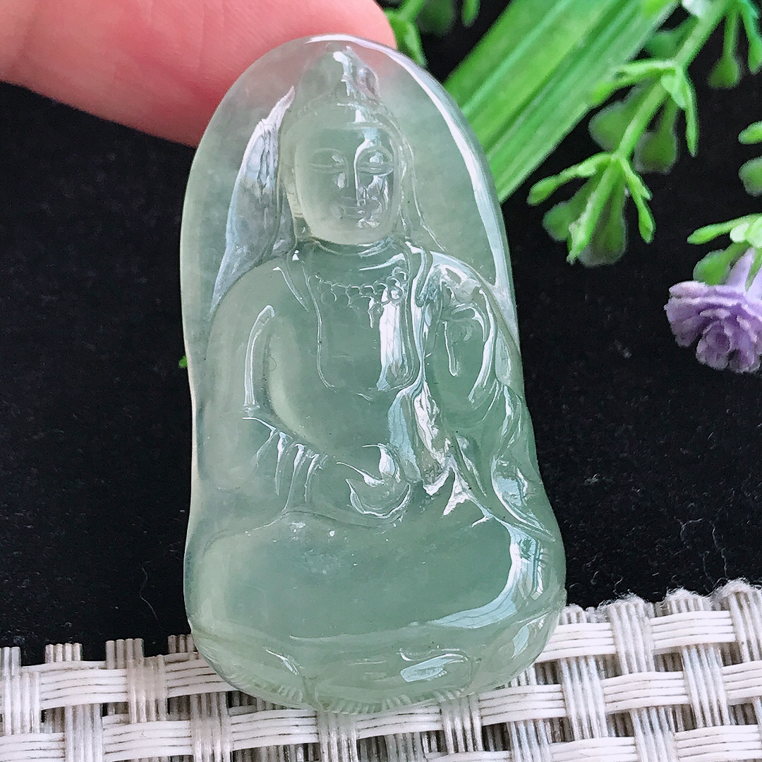 实拍A货翡翠45.5/25.6/6老坑冰透冰晴满绿观音吊坠翡翠玉挂件