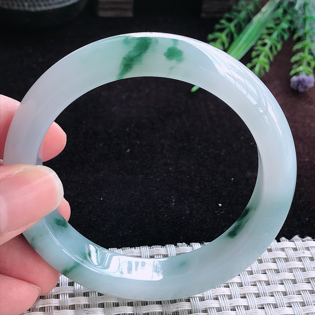 实拍A货翡翠59/13.1/9.2老坑冰润起胶飘花手镯宽边玉镯平安镯女款