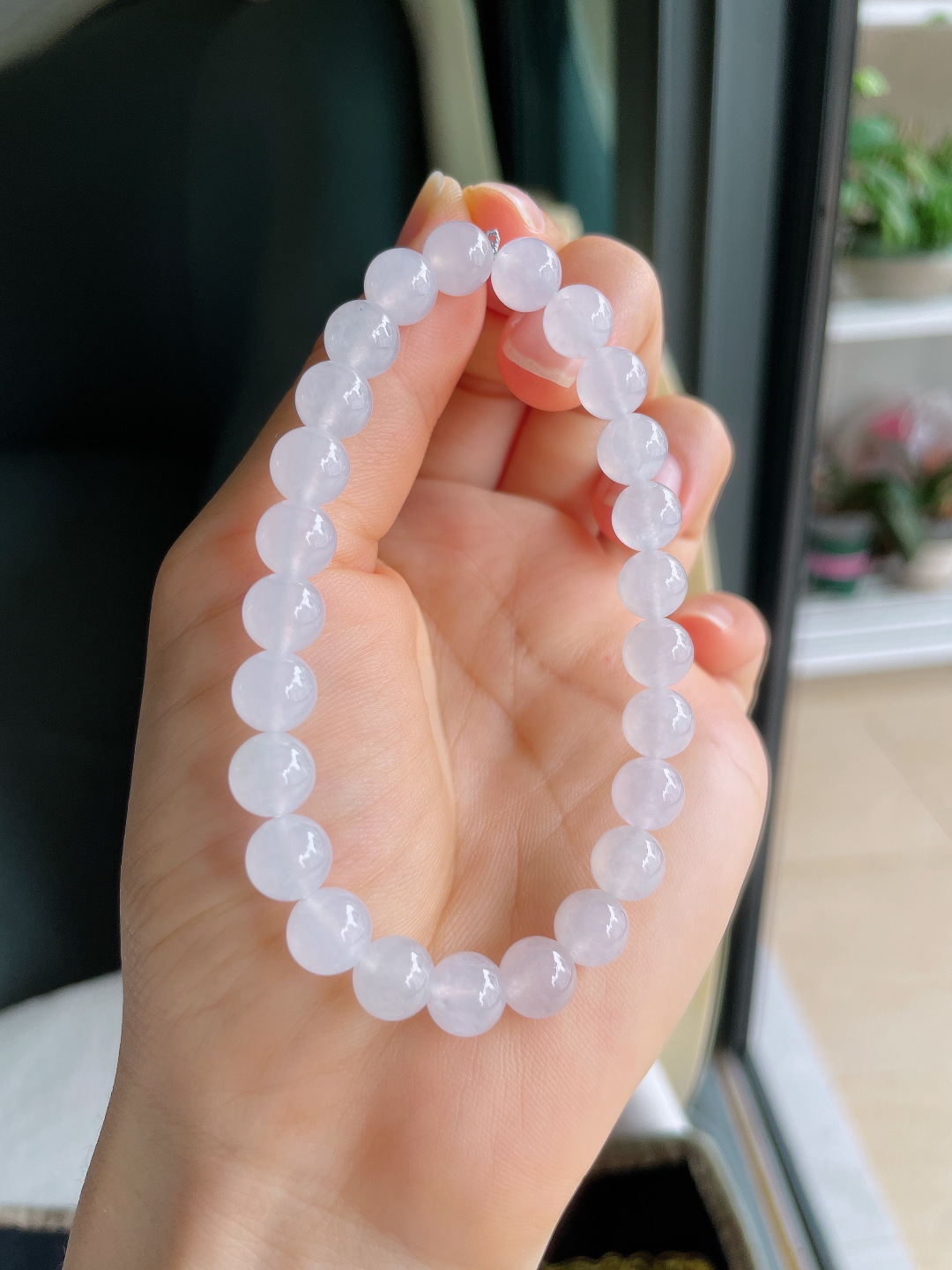 缅甸天然翡翠A货，白冰手串，尺寸：7.8mm。【编4344】