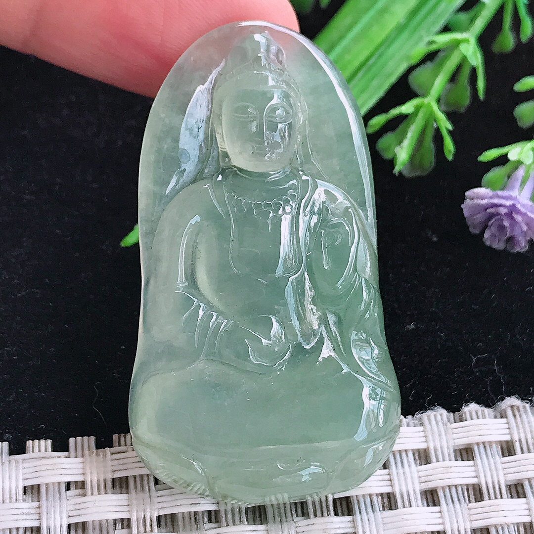 实拍A货翡翠45.5/25.6/6老坑冰透冰晴满绿观音吊坠翡翠玉挂件