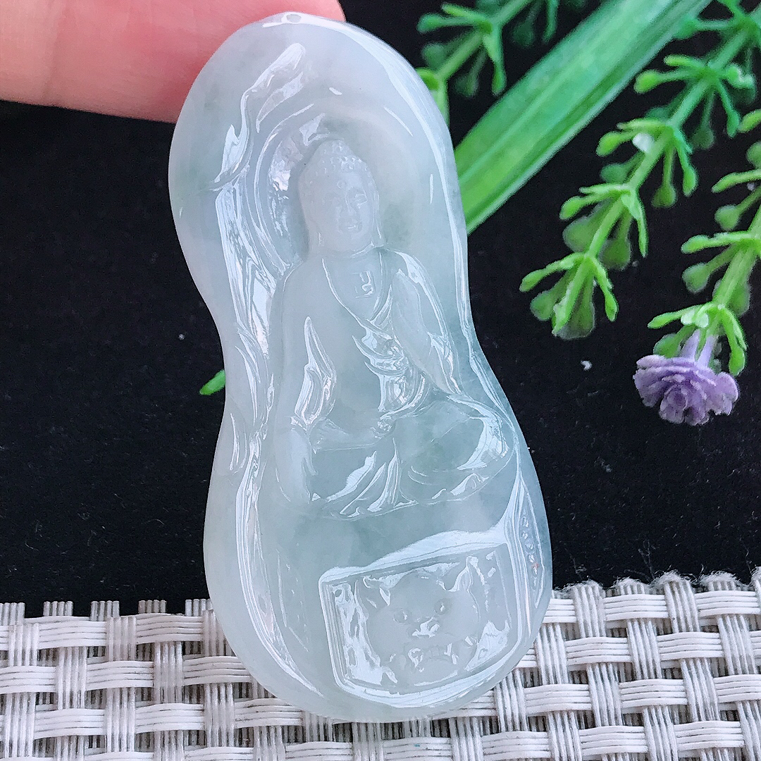 实拍A货翡翠61/30/4.6老坑冰润起胶白净阿弥陀佛吊坠翡翠玉挂件