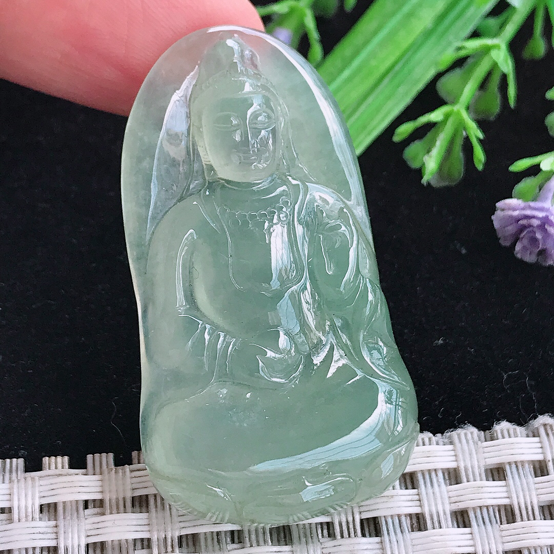 实拍A货翡翠45.5/25.6/6老坑冰透冰晴满绿观音吊坠翡翠玉挂件