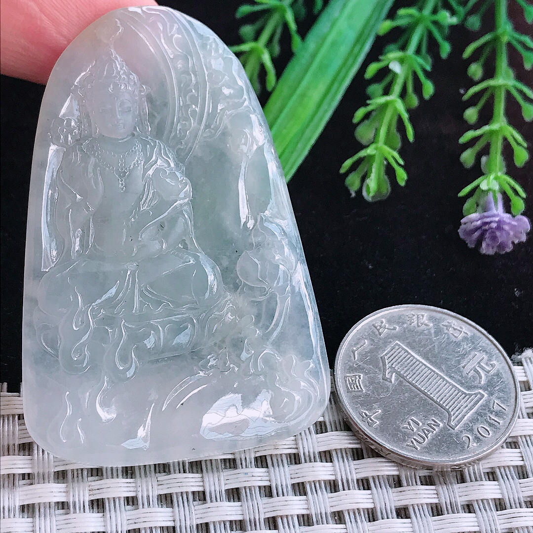 实拍A货翡翠57.3/38.6/4.6老坑冰润起胶观音菩萨吊坠翡翠玉挂件