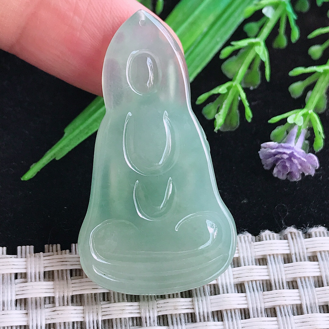 实拍A货翡翠42/23.8/6老坑冰胶晴绿小观音吊坠翡翠玉挂件