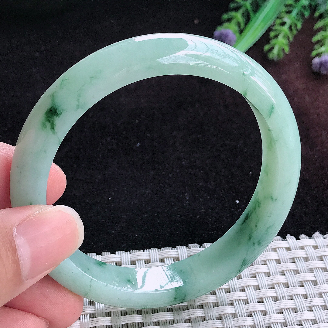 实拍A货翡翠57.8/11.8/8老坑精美冰润飘花手镯宽边玉镯平安镯女款