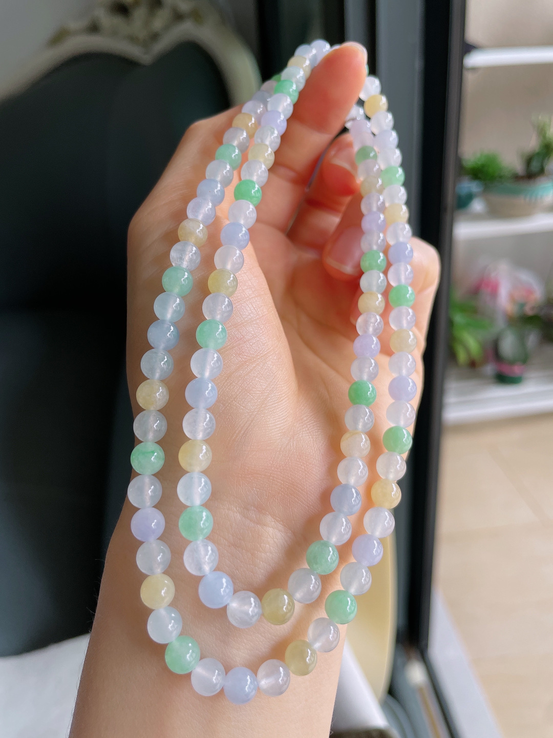 缅甸天然翡翠A货，冰种多宝珠链，尺寸：6mm108颗。【编4142】