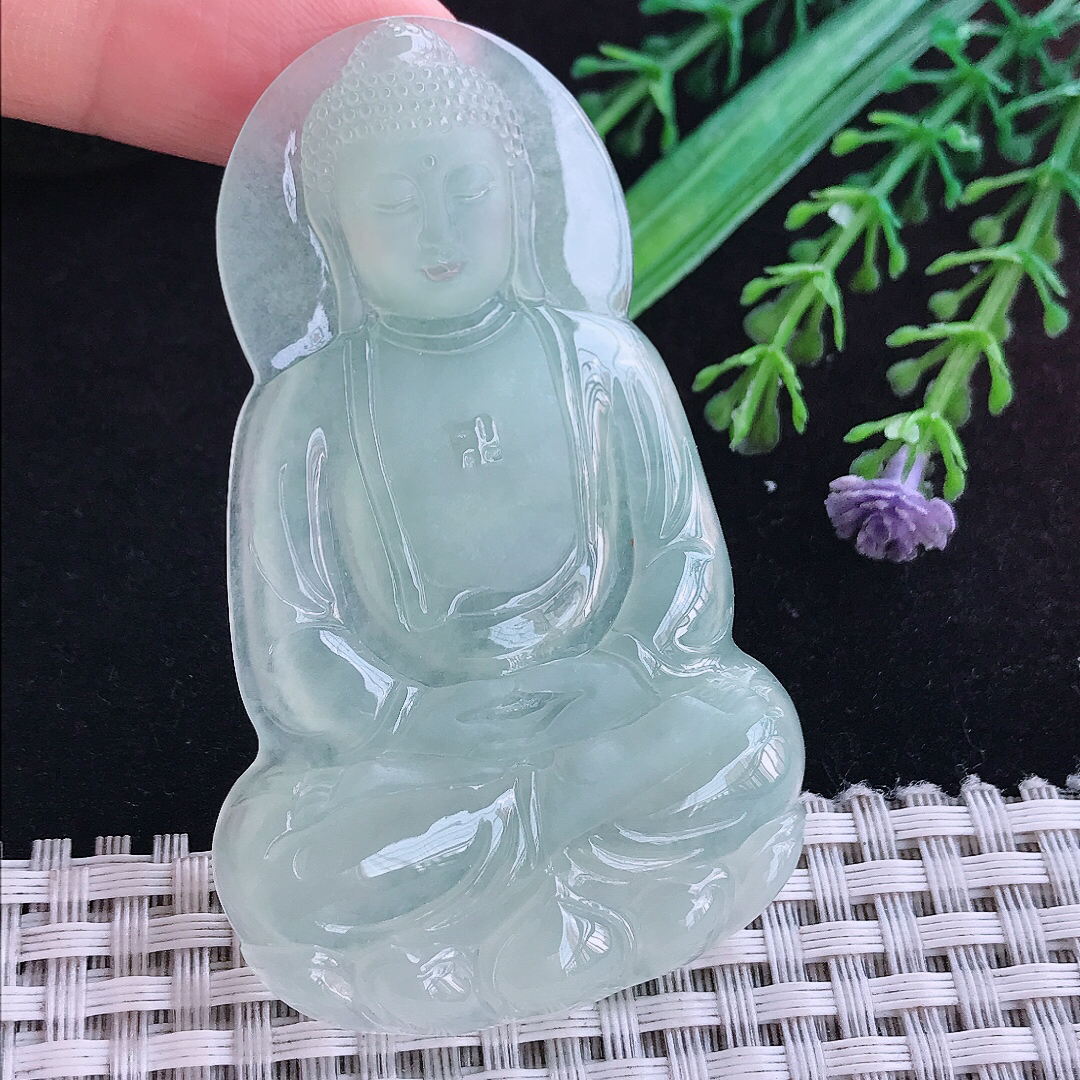 实拍A货翡翠66.6/42/5.5老坑冰润起胶冰晴大日如来佛吊坠翡翠玉挂件