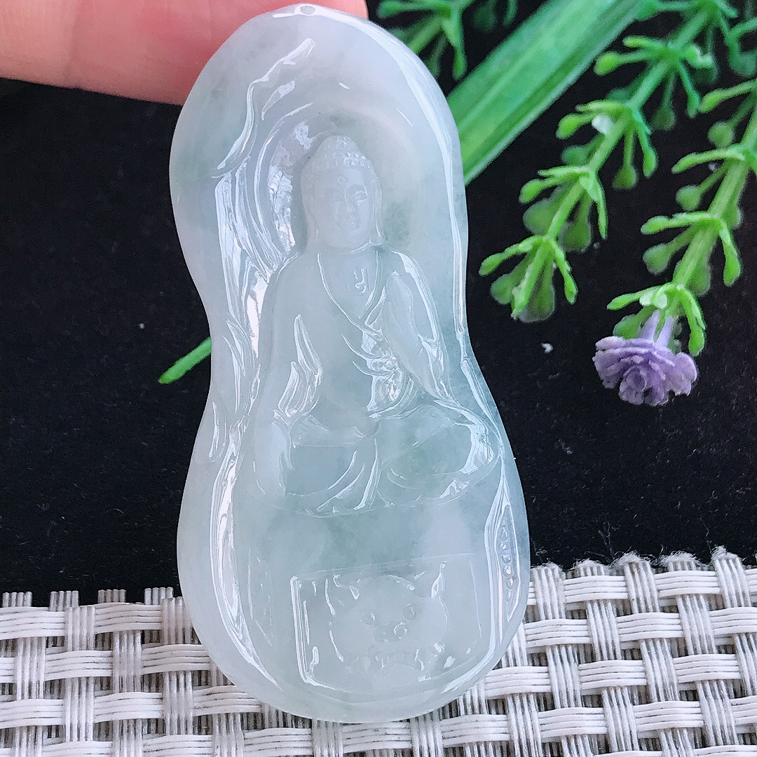 实拍A货翡翠61/30/4.6老坑冰润起胶白净阿弥陀佛吊坠翡翠玉挂件