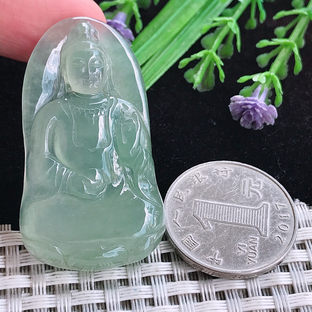 实拍A货翡翠45.5/25.6/6老坑冰透冰晴满绿观音吊坠翡翠玉挂件