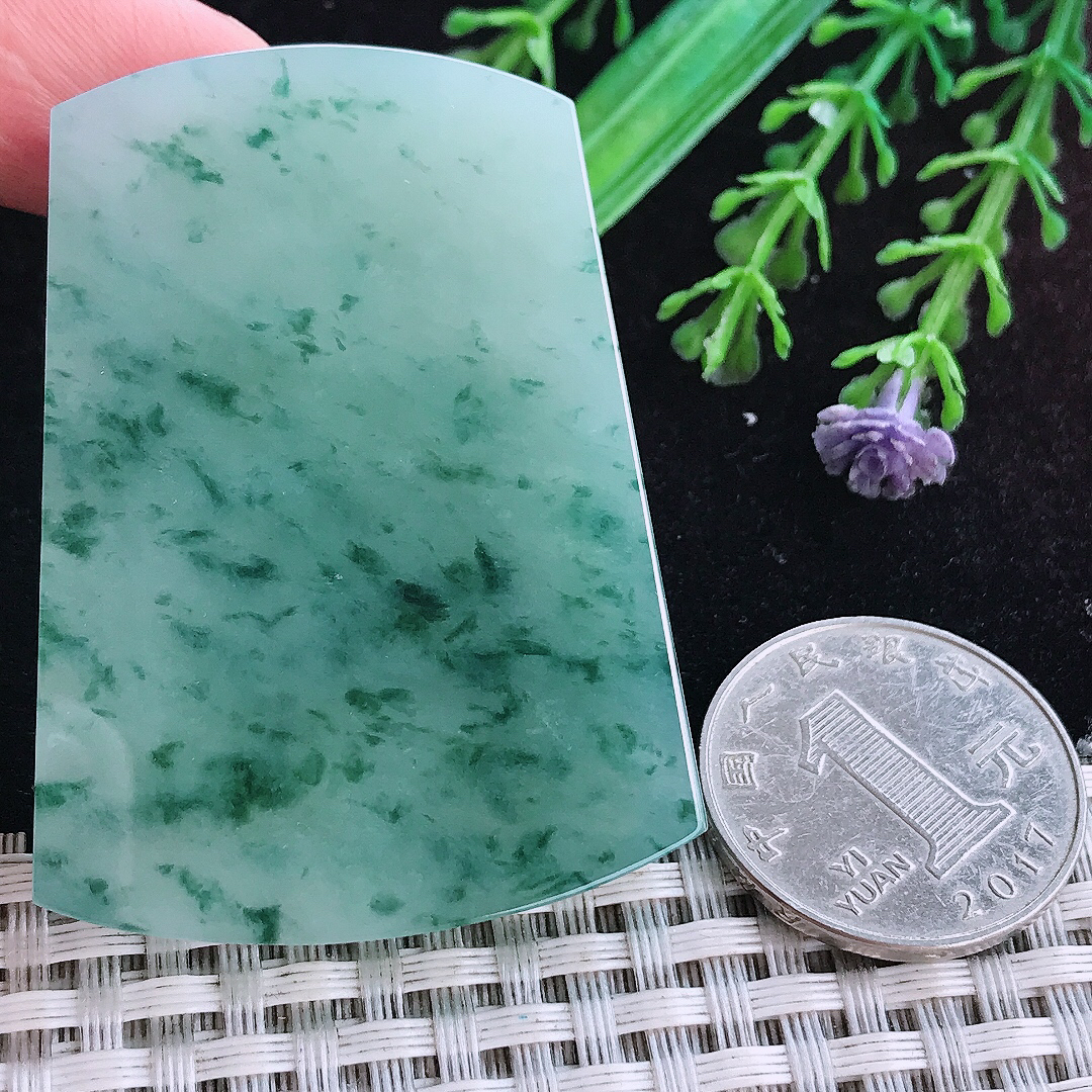 实拍A货翡翠53.8/39.8/5.8老坑冰润起胶冰飘花无事牌吊坠翡翠玉挂件