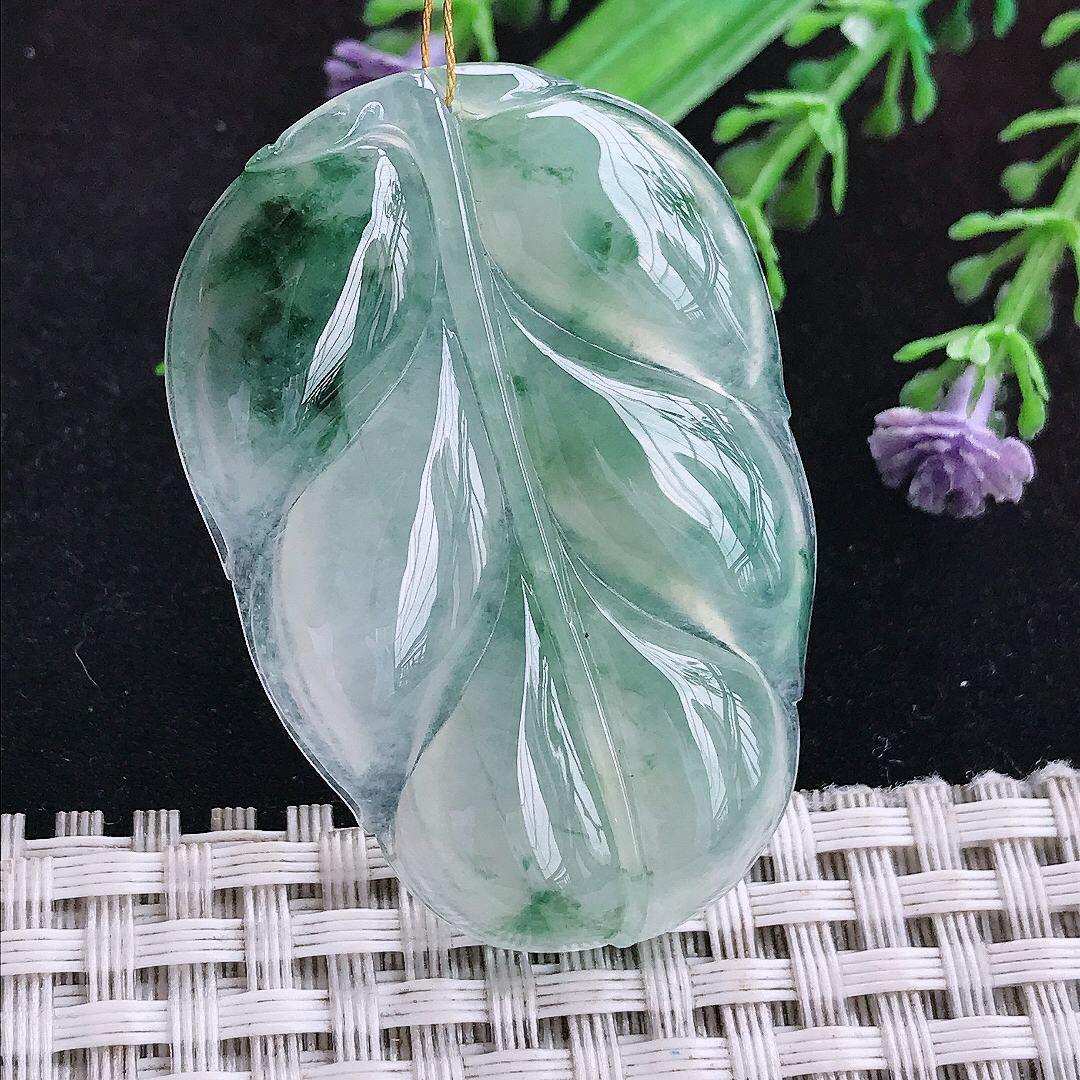 实拍A货翡翠47.3/31.8/4.8老坑冰种冰飘花叶子吊坠翡翠玉挂件