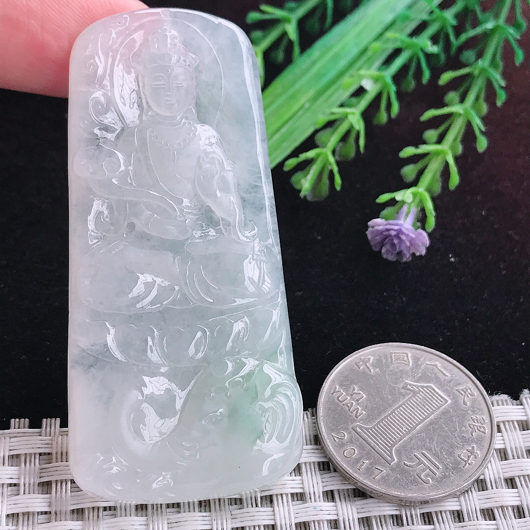 实拍A货翡翠65/30.6/6.1老坑冰润起胶普贤菩萨吊坠翡翠玉观音挂件