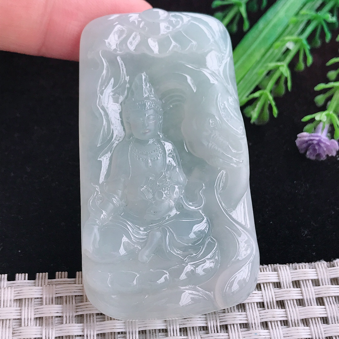 实拍A货翡翠63/36.2/7.3老坑冰润起胶白月光普贤菩萨吊坠翡翠玉挂件