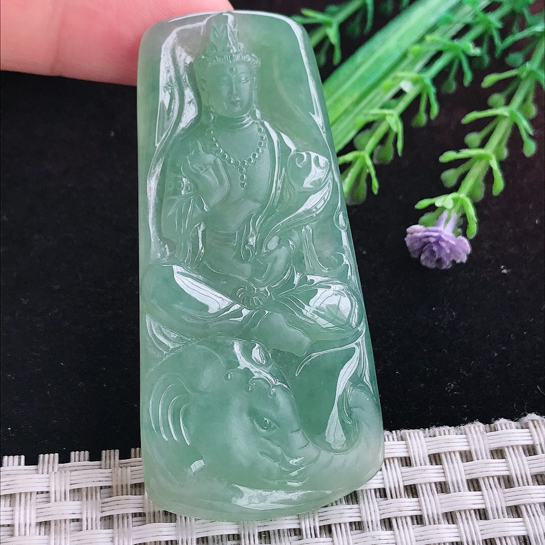 实拍A货翡翠66.8/33.3/6老坑冰润冰胶满绿普贤菩萨吊坠翡翠玉挂件