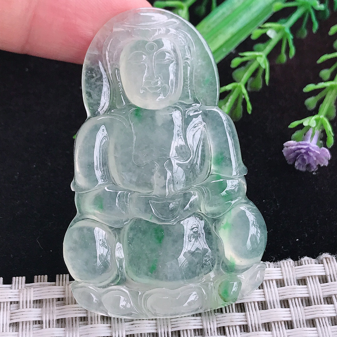实拍A货翡翠58.3/38/5.3老坑飘阳绿高冰种观音菩萨吊坠正装玉观音挂件