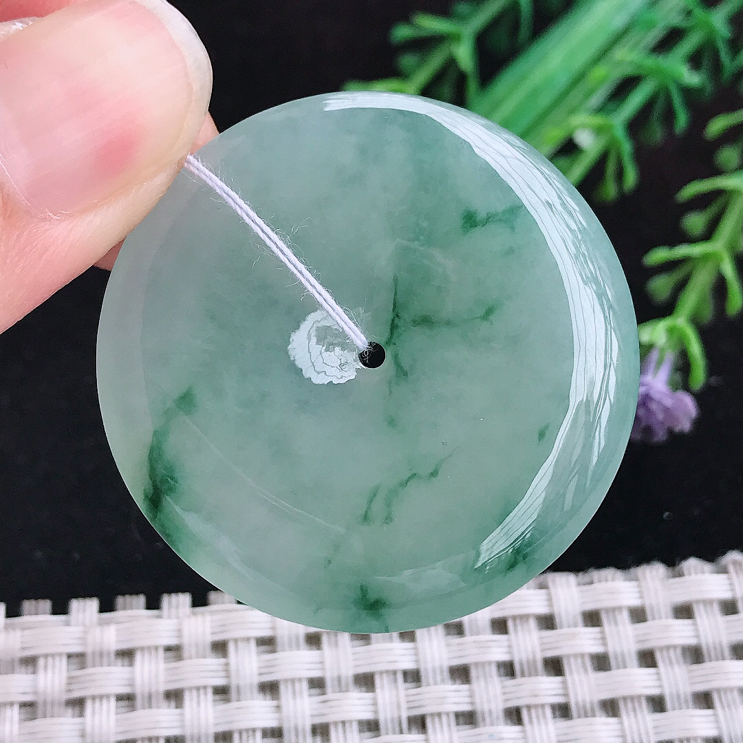 实拍A货翡翠38/6.3老坑冰胶飘花大平安扣吊坠翡翠玉挂件