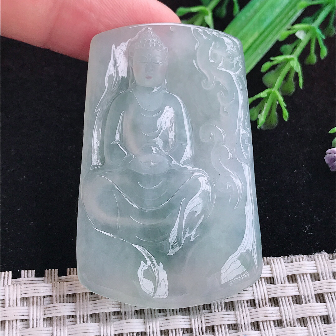 实拍A货翡翠51.6/34/5老坑冰润起胶白冰大日如来佛吊坠翡翠玉挂件