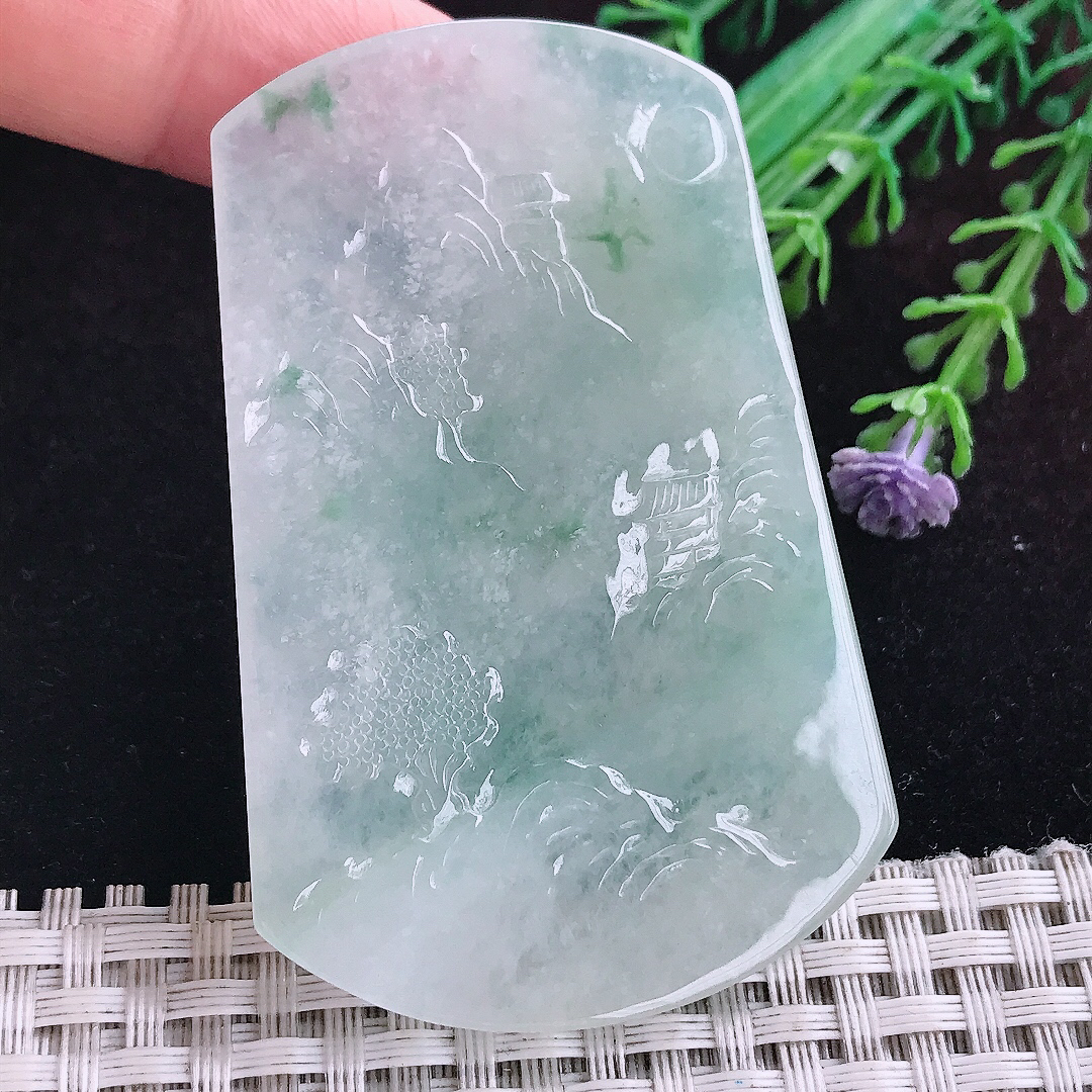 实拍A货翡翠65/42/5.8老坑冰胶飘花山水牌吊坠翡翠玉挂件