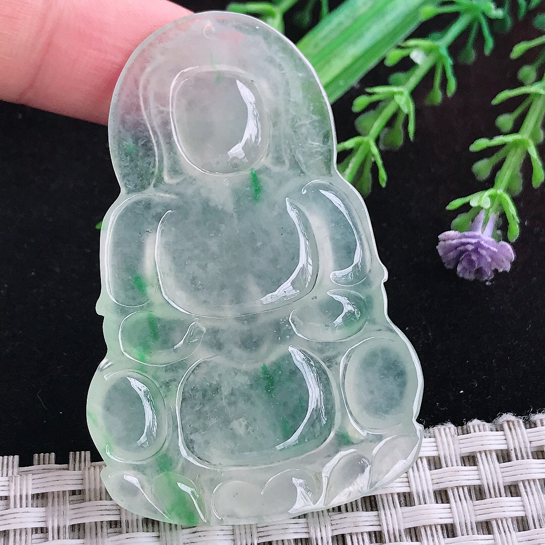 实拍A货翡翠58.3/38/5.3老坑飘阳绿高冰种观音菩萨吊坠正装玉观音挂件