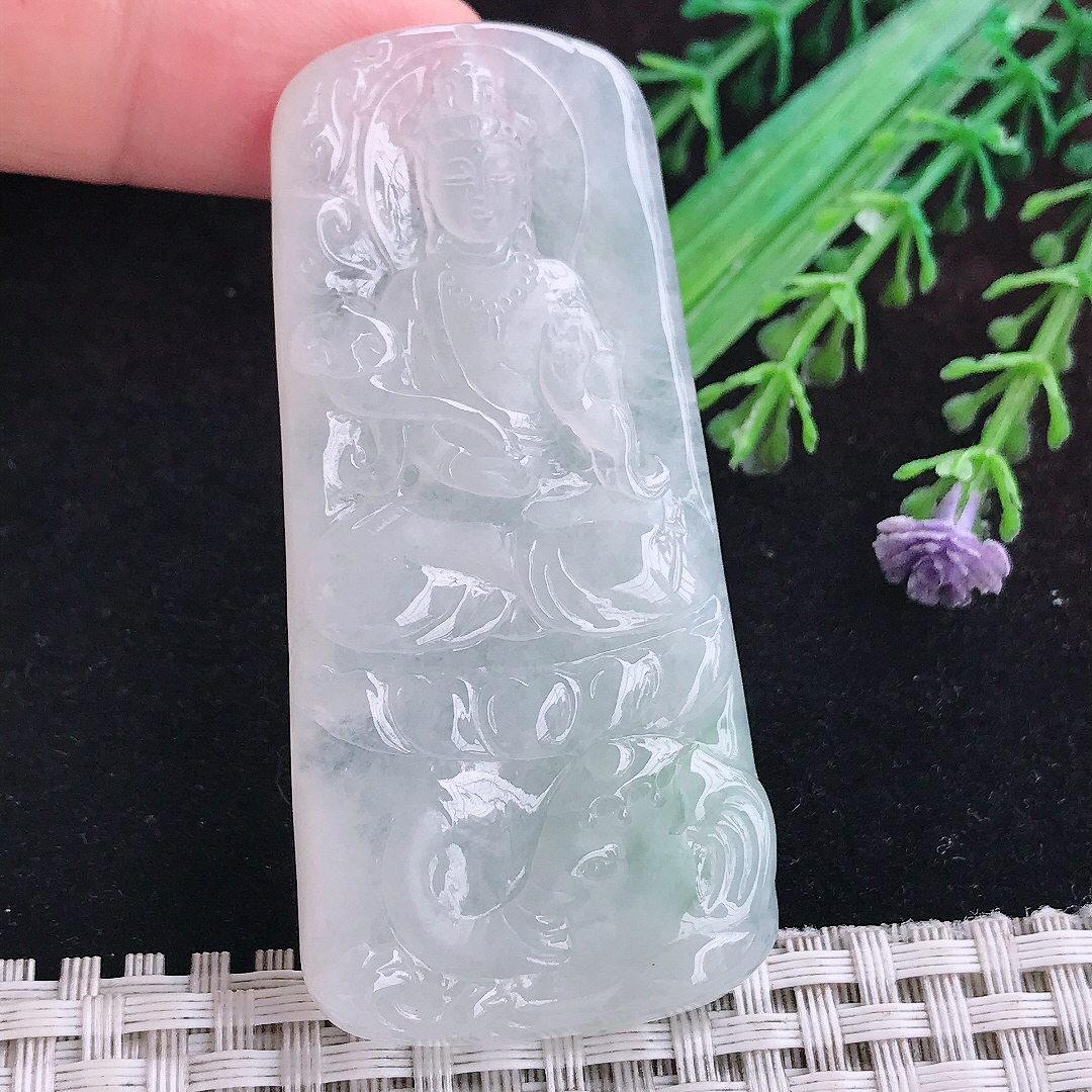 实拍A货翡翠65/30.6/6.1老坑冰润起胶普贤菩萨吊坠翡翠玉观音挂件