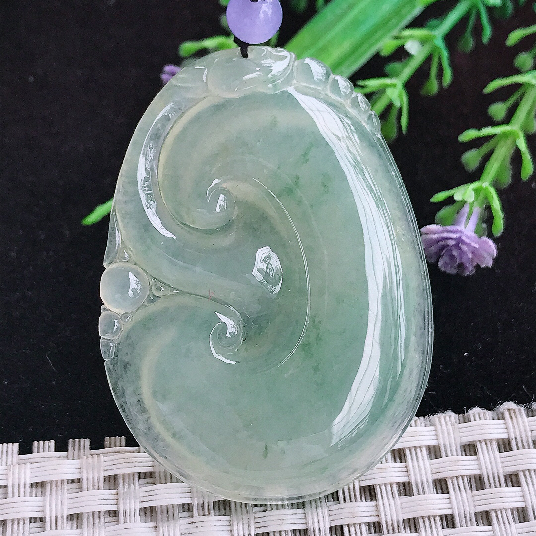 实拍A货翡翠51/38/5.8老坑冰种冰晴绿大如意吊坠翡翠玉挂件