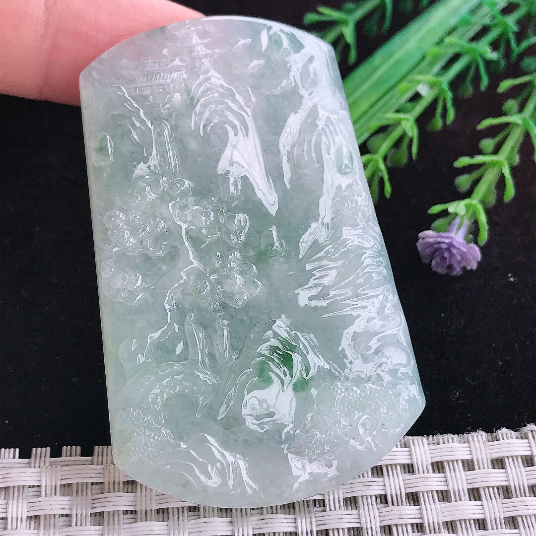 实拍A货翡翠65/42/5.8老坑冰胶飘花山水牌吊坠翡翠玉挂件
