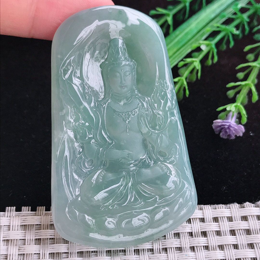 实拍A货翡翠68.5/43/6.1老坑冰胶果冻冰晴虚空藏菩萨吊坠翡翠玉挂件