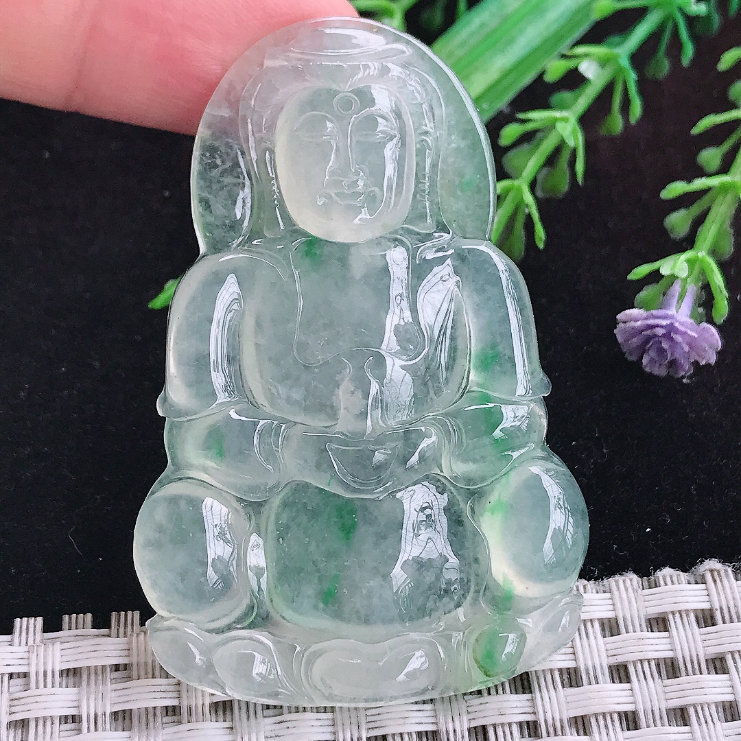 实拍A货翡翠58.3/38/5.3老坑飘阳绿高冰种观音菩萨吊坠正装玉观音挂件