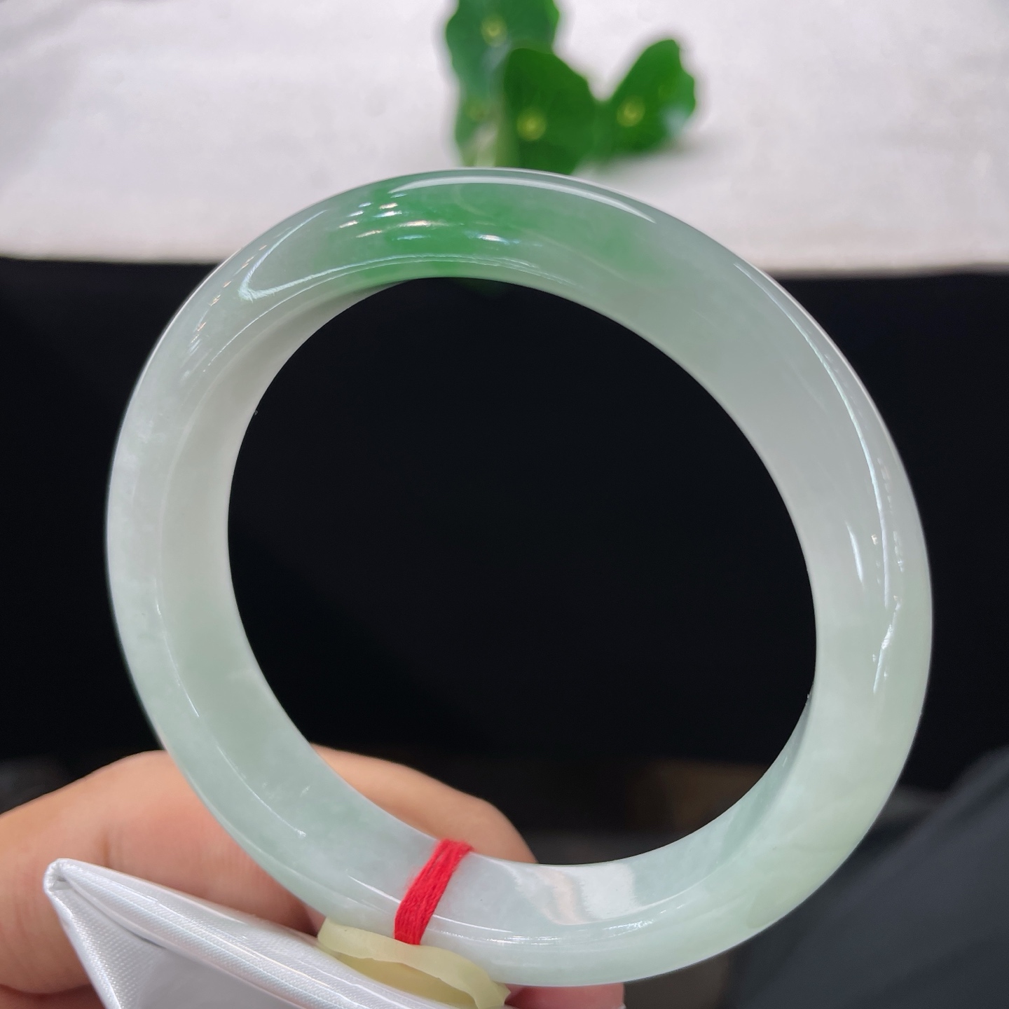 【翡翠手镯】圈口56.8/12.5/8.2，飘绿正圈，56/57可戴，仿若烟汀浮翠，质地澄澈温润。晕开一抹俏阳绿。无裂。