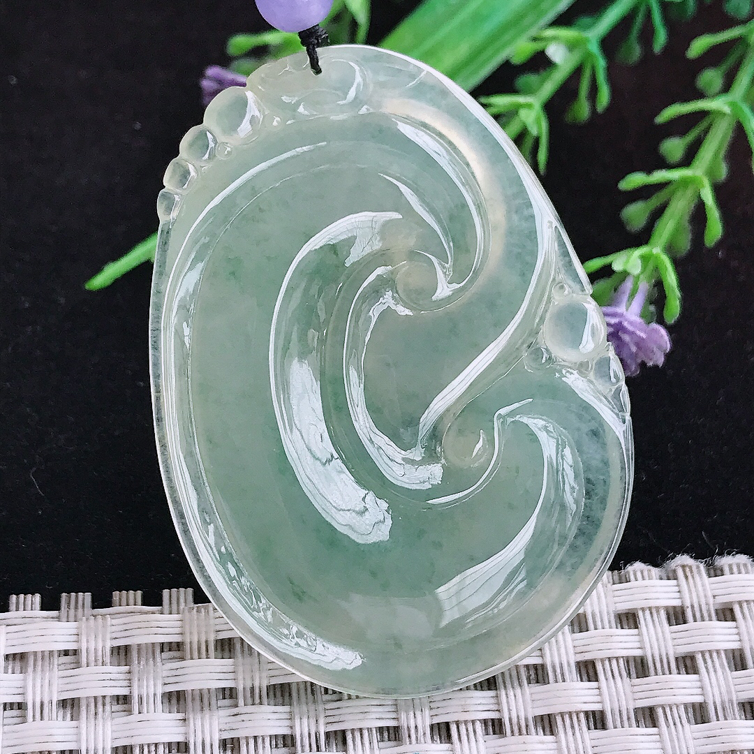 实拍A货翡翠51/38/5.8老坑冰种冰晴绿大如意吊坠翡翠玉挂件