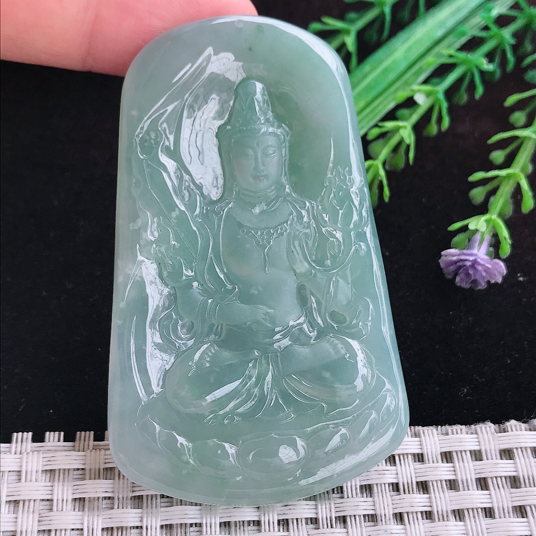 实拍A货翡翠68.5/43/6.1老坑冰胶果冻冰晴虚空藏菩萨吊坠翡翠玉挂件