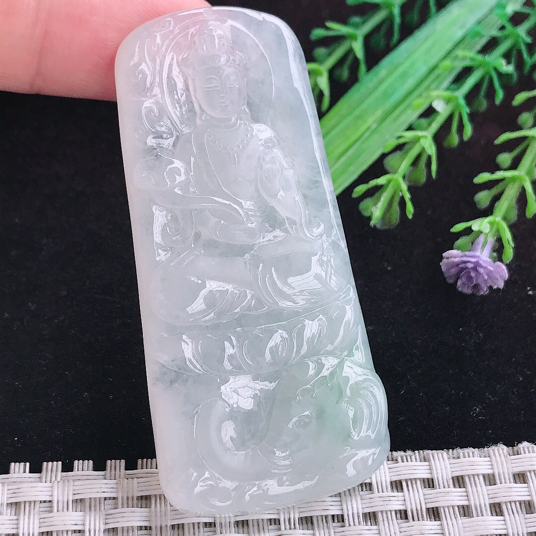 实拍A货翡翠65/30.6/6.1老坑冰润起胶普贤菩萨吊坠翡翠玉观音挂件