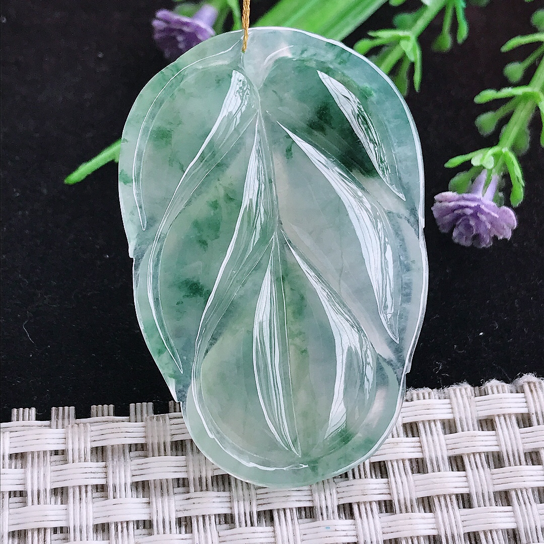 实拍A货翡翠47.3/31.8/4.8老坑冰种冰飘花叶子吊坠翡翠玉挂件