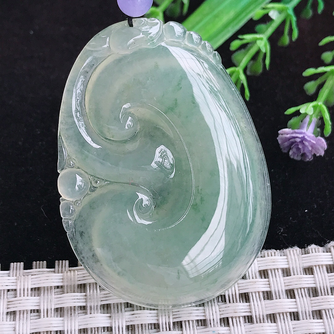 实拍A货翡翠51/38/5.8老坑冰种冰晴绿大如意吊坠翡翠玉挂件