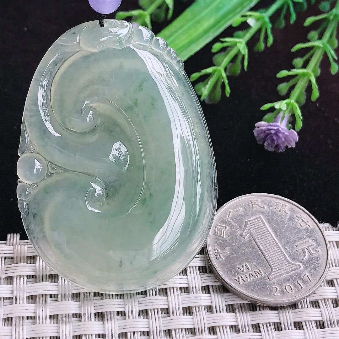实拍A货翡翠51/38/5.8老坑冰种冰晴绿大如意吊坠翡翠玉挂件