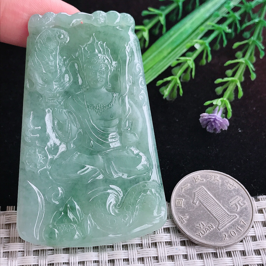 实拍A货翡翠66/42/4.8老坑温润满色不动明王吊坠翡翠玉鸡守护神挂件