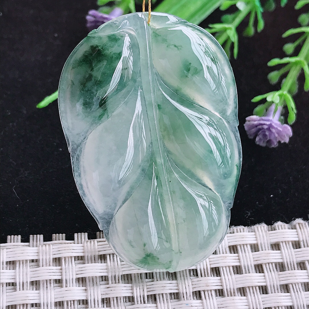 实拍A货翡翠47.3/31.8/4.8老坑冰种冰飘花叶子吊坠翡翠玉挂件