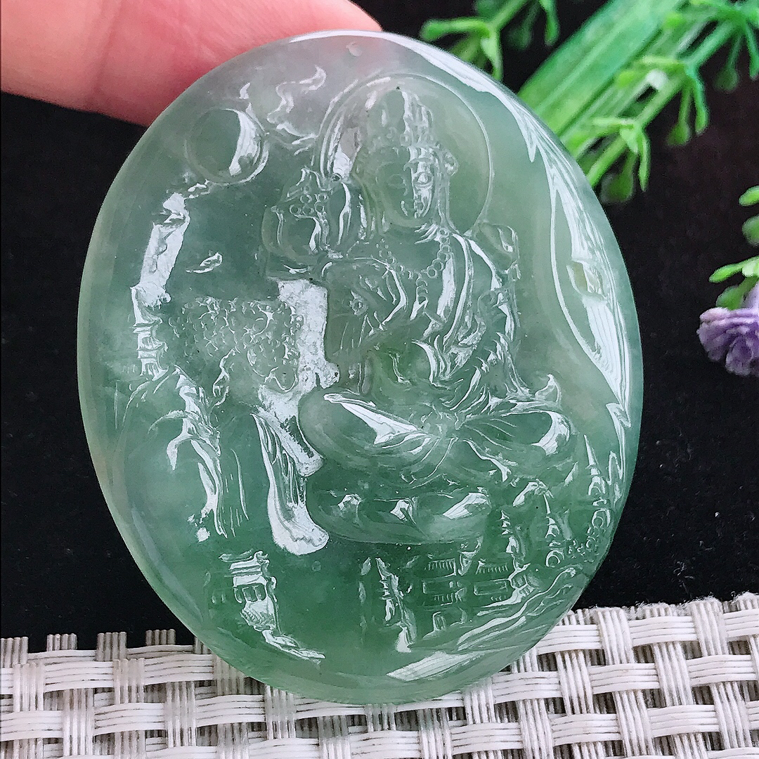 实拍A货翡翠56.8/48.5/5老坑冰胶满绿大势至菩萨吊坠翡翠玉观音挂件